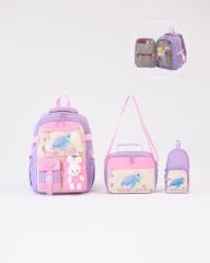 Roxbros Kaplumbağa Figürlü 3'lü Kız Çocuk Okul Çantası Seti - Kalemlik ve Beslenmeli İlkokul Sırt Çantası (Lila - Pembe)