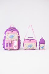 Roxbros Kaplumbağa Figürlü 3'lü Kız Çocuk Okul Çantası Seti - Kalemlik ve Beslenmeli İlkokul Sırt Çantası (Mor - Pembe)