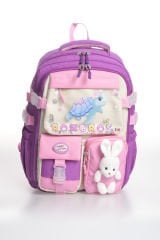 Roxbros Kaplumbağa Figürlü 3'lü Kız Çocuk Okul Çantası Seti - Kalemlik ve Beslenmeli İlkokul Sırt Çantası (Mor - Pembe)