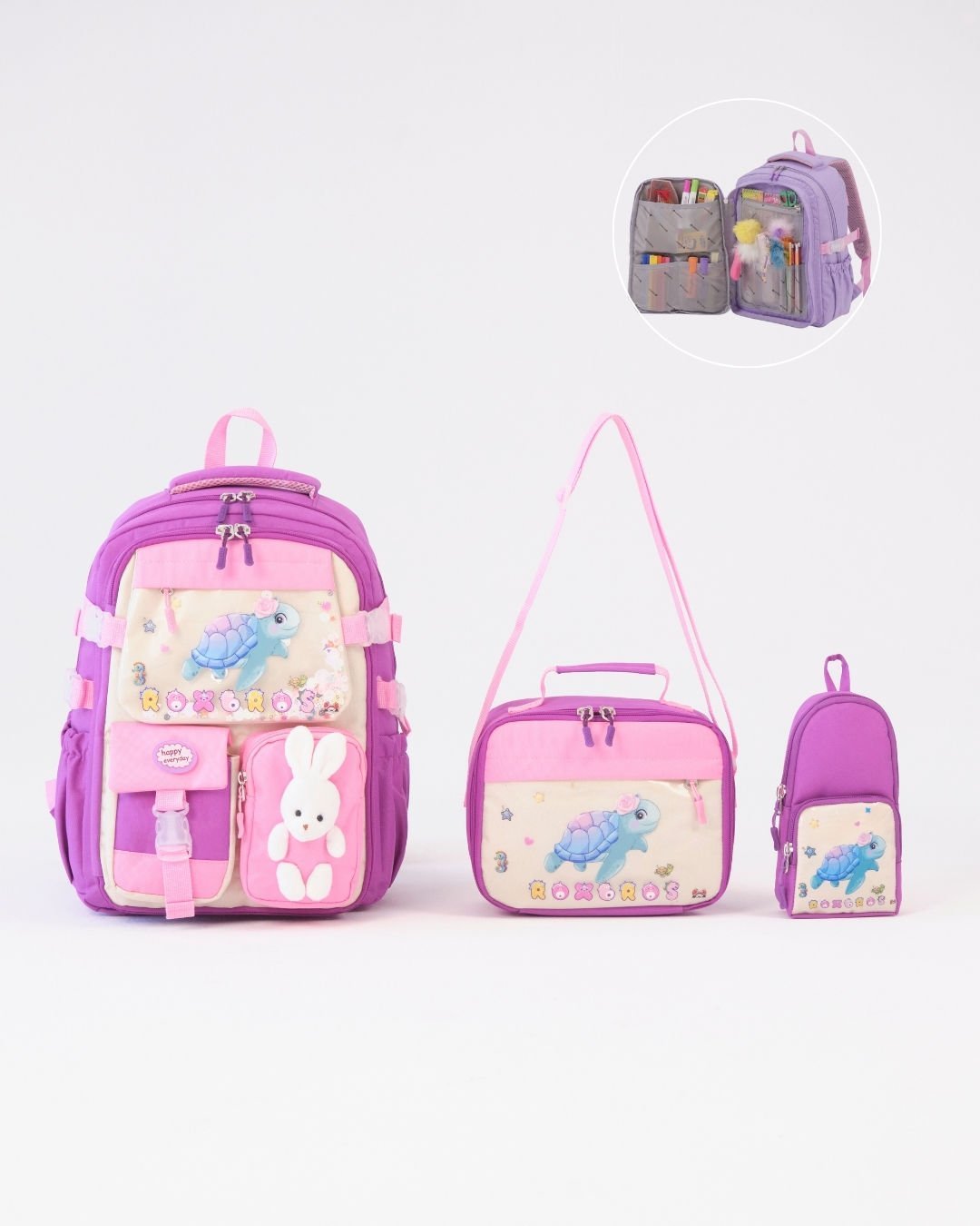 Roxbros Kaplumbağa Figürlü 3'lü Kız Çocuk Okul Çantası Seti - Kalemlik ve Beslenmeli İlkokul Sırt Çantası (Mor - Pembe)