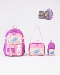 Roxbros Kaplumbağa Figürlü 3'lü Kız Çocuk Okul Çantası Seti - Kalemlik ve Beslenmeli İlkokul Sırt Çantası (Mor - Pembe)