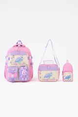 Roxbros Kaplumbağa Figürlü 3'lü Kız Çocuk Okul Çantası Seti - Kalemlik ve Beslenmeli İlkokul Sırt Çantası (Pembe - Lila)
