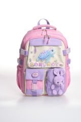 Roxbros Kaplumbağa Figürlü 3'lü Kız Çocuk Okul Çantası Seti - Kalemlik ve Beslenmeli İlkokul Sırt Çantası (Pembe - Lila)