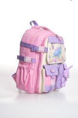 Roxbros Kaplumbağa Figürlü 3'lü Kız Çocuk Okul Çantası Seti - Kalemlik ve Beslenmeli İlkokul Sırt Çantası (Pembe - Lila)