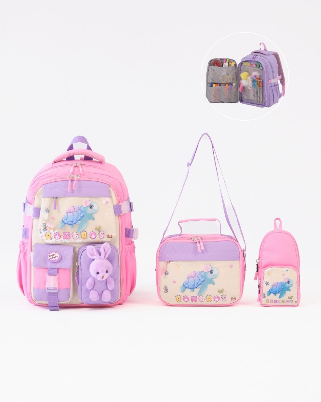Roxbros Kaplumbağa Figürlü 3'lü Kız Çocuk Okul Çantası Seti - Kalemlik ve Beslenmeli İlkokul Sırt Çantası (Pembe - Lila)