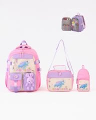 Roxbros Kaplumbağa Figürlü 3'lü Kız Çocuk Okul Çantası Seti - Kalemlik ve Beslenmeli İlkokul Sırt Çantası (Pembe - Lila)