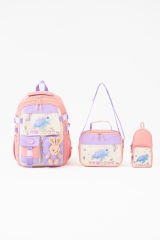 Roxbros Kaplumbağa Figürlü 3'lü Kız Çocuk Okul Çantası Seti - Kalemlik ve Beslenmeli İlkokul Sırt Çantası (Pudra - Lila)