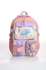 Roxbros Kaplumbağa Figürlü 3'lü Kız Çocuk Okul Çantası Seti - Kalemlik ve Beslenmeli İlkokul Sırt Çantası (Pudra - Lila)