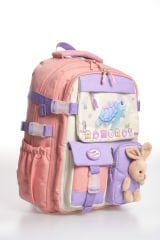 Roxbros Kaplumbağa Figürlü 3'lü Kız Çocuk Okul Çantası Seti - Kalemlik ve Beslenmeli İlkokul Sırt Çantası (Pudra - Lila)