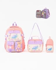 Roxbros Kaplumbağa Figürlü 3'lü Kız Çocuk Okul Çantası Seti - Kalemlik ve Beslenmeli İlkokul Sırt Çantası (Pudra - Lila)