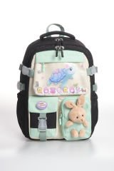 Roxbros Kaplumbağa Figürlü 3'lü Kız Çocuk Okul Çantası Seti - Kalemlik ve Beslenmeli İlkokul Sırt Çantası (Siyah - Su Yeşili)