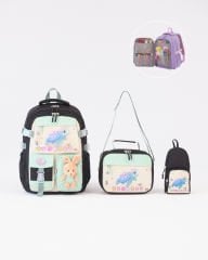 Roxbros Kaplumbağa Figürlü 3'lü Kız Çocuk Okul Çantası Seti - Kalemlik ve Beslenmeli İlkokul Sırt Çantası (Siyah - Su Yeşili)