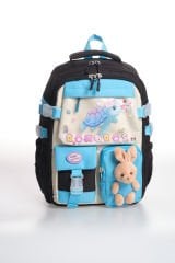 Roxbros Kaplumbağa Figürlü 3'lü Kız Çocuk Okul Çantası Seti - Kalemlik ve Beslenmeli İlkokul Sırt Çantası (Siyah - Turkuaz)