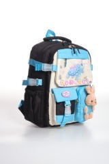 Roxbros Kaplumbağa Figürlü 3'lü Kız Çocuk Okul Çantası Seti - Kalemlik ve Beslenmeli İlkokul Sırt Çantası (Siyah - Turkuaz)