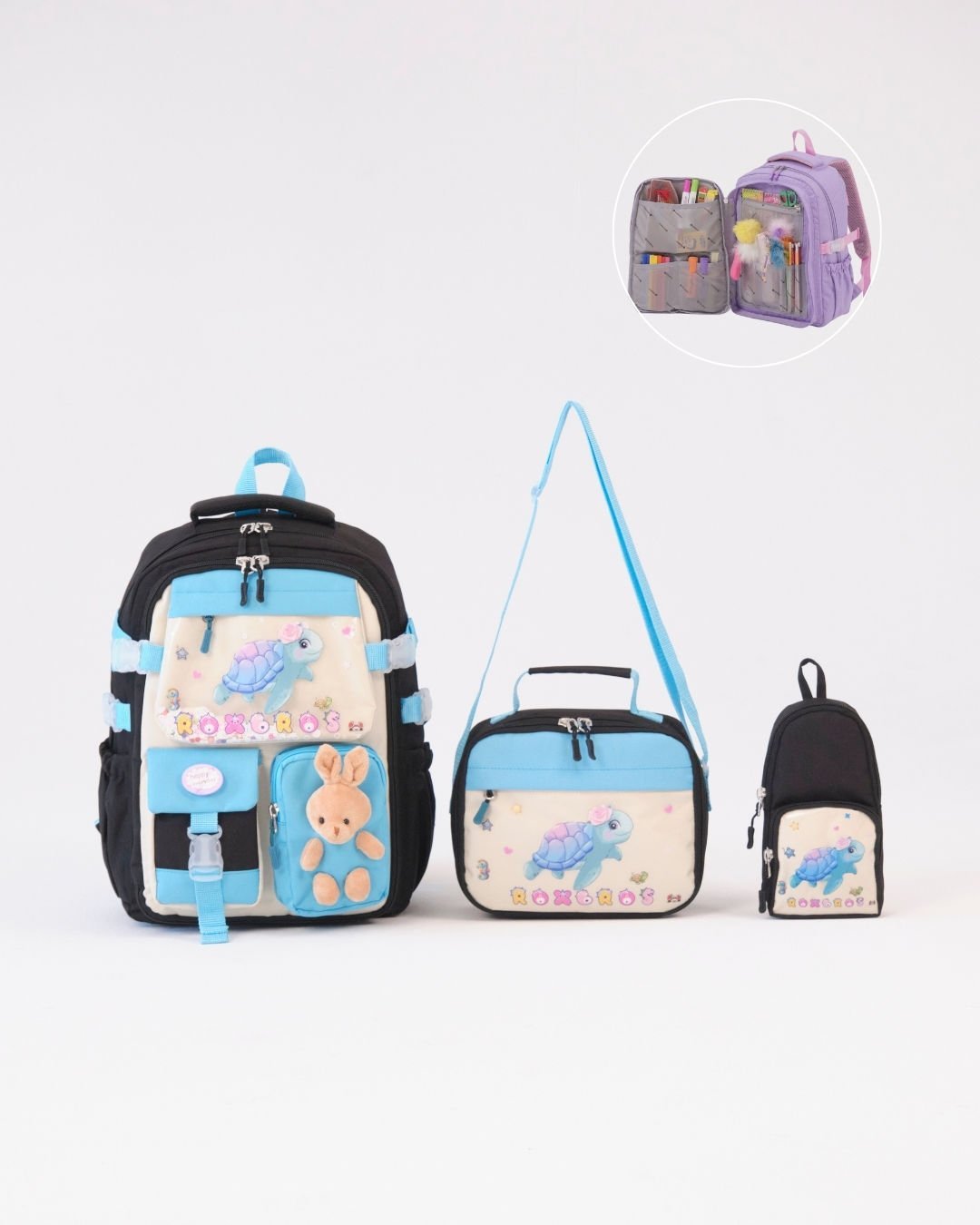 Roxbros Kaplumbağa Figürlü 3'lü Kız Çocuk Okul Çantası Seti - Kalemlik ve Beslenmeli İlkokul Sırt Çantası (Siyah - Turkuaz)