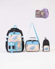 Roxbros Kaplumbağa Figürlü 3'lü Kız Çocuk Okul Çantası Seti - Kalemlik ve Beslenmeli İlkokul Sırt Çantası (Siyah - Turkuaz)