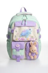 Roxbros Kaplumbağa Figürlü 3'lü Kız Çocuk Okul Çantası Seti - Kalemlik ve Beslenmeli İlkokul Sırt Çantası (Su Yeşili - Lila)