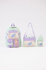 Roxbros Kaplumbağa Figürlü 3'lü Kız Çocuk Okul Çantası Seti - Kalemlik ve Beslenmeli İlkokul Sırt Çantası (Su Yeşili - Lila)