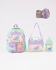 Roxbros Kaplumbağa Figürlü 3'lü Kız Çocuk Okul Çantası Seti - Kalemlik ve Beslenmeli İlkokul Sırt Çantası (Su Yeşili - Lila)