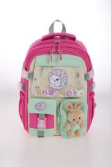 Roxbros Sevimli Kedi Desenli 3'lü Kız Çocuk Okul Çantası Seti -Kalemlik ve Termal Beslenmeli İlkokul Çantası (Fuşya - Su Yeşili)