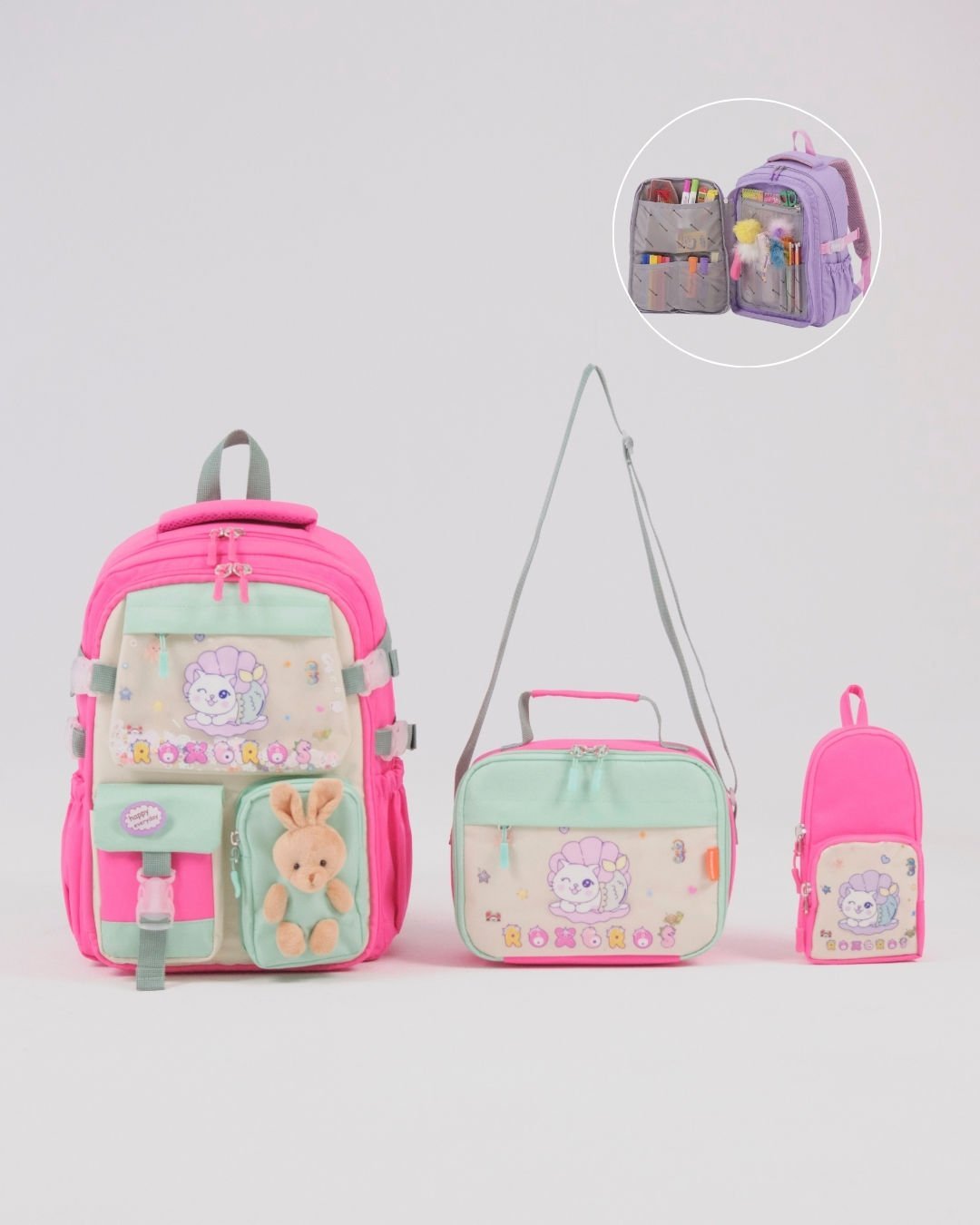 Roxbros Sevimli Kedi Desenli 3'lü Kız Çocuk Okul Çantası Seti -Kalemlik ve Termal Beslenmeli İlkokul Çantası (Fuşya - Su Yeşili)