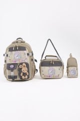 Roxbros Sevimli Kedi Desenli 3'lü Kız Çocuk Okul Çantası Seti -Kalemlik ve Termal Beslenmeli İlkokul Çantası (Bej - Kahverengi)