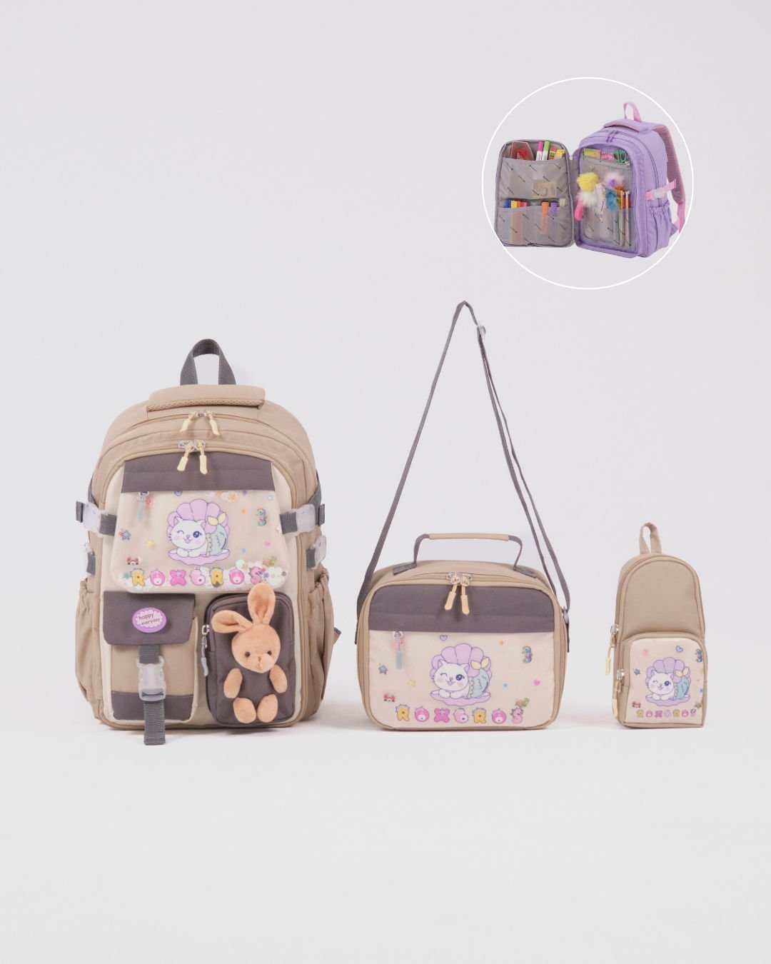 Roxbros Sevimli Kedi Desenli 3'lü Kız Çocuk Okul Çantası Seti -Kalemlik ve Termal Beslenmeli İlkokul Çantası (Bej - Kahverengi)