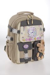 Roxbros Sevimli Kedi Desenli 3'lü Kız Çocuk Okul Çantası Seti -Kalemlik ve Termal Beslenmeli İlkokul Çantası (Bej - Kahverengi)