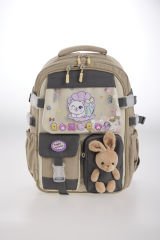 Roxbros Sevimli Kedi Desenli 3'lü Kız Çocuk Okul Çantası Seti -Kalemlik ve Termal Beslenmeli İlkokul Çantası (Bej - Kahverengi)