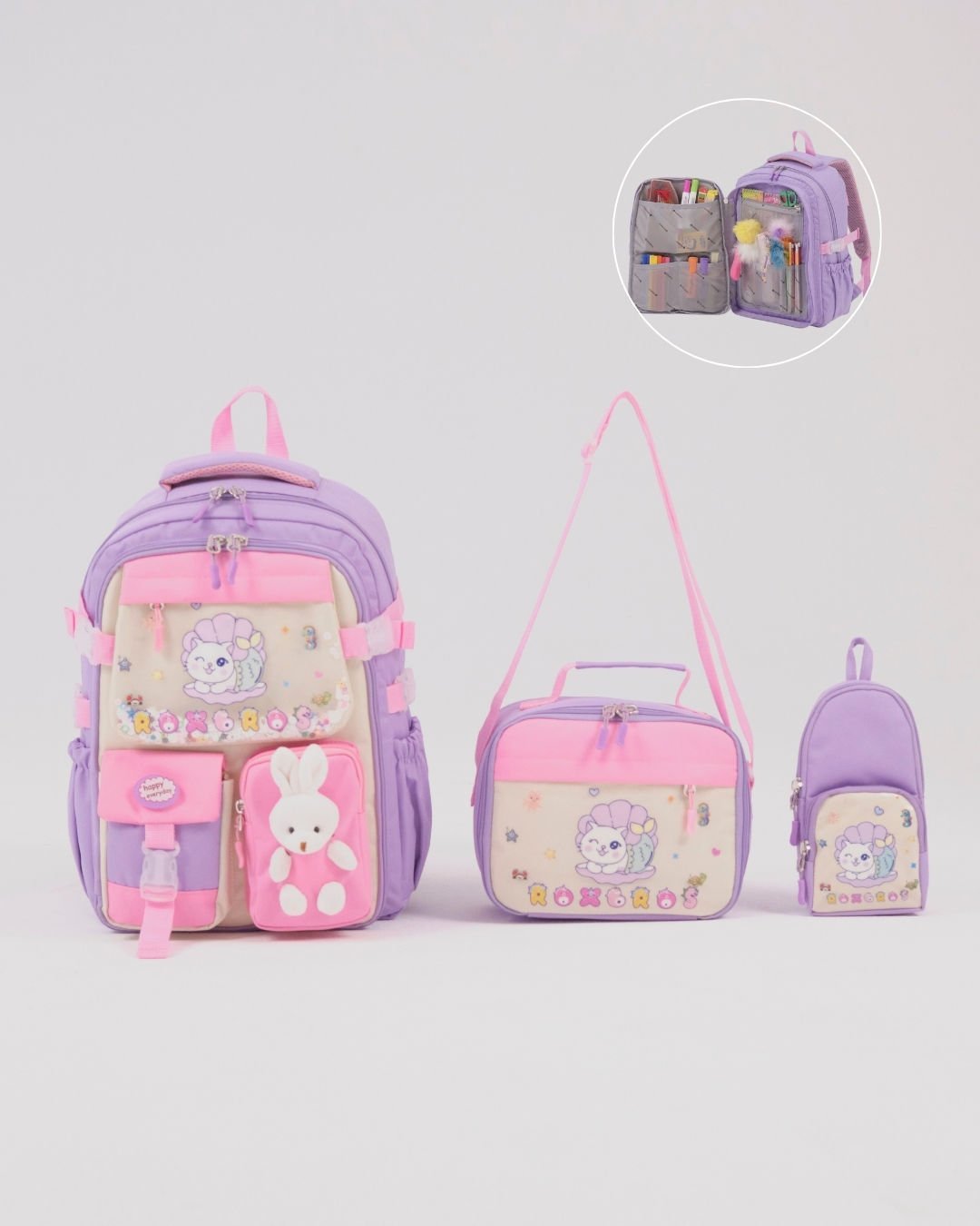 Roxbros Sevimli Kedi Desenli 3'lü Kız Çocuk Okul Çantası Seti -Kalemlik ve Termal Beslenmeli İlkokul Çantası (Lila - Pembe)