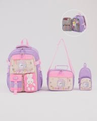 Roxbros Sevimli Kedi Desenli 3'lü Kız Çocuk Okul Çantası Seti -Kalemlik ve Termal Beslenmeli İlkokul Çantası (Lila - Pembe)