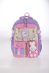 Roxbros Sevimli Kedi Desenli 3'lü Kız Çocuk Okul Çantası Seti -Kalemlik ve Termal Beslenmeli İlkokul Çantası (Lila - Pembe)