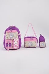 Roxbros Sevimli Kedi Desenli 3'lü Kız Çocuk Okul Çantası Seti -Kalemlik ve Termal Beslenmeli İlkokul Çantası (Mor - Pembe)