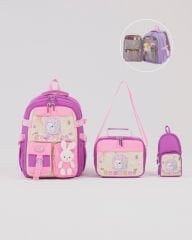 Roxbros Sevimli Kedi Desenli 3'lü Kız Çocuk Okul Çantası Seti -Kalemlik ve Termal Beslenmeli İlkokul Çantası (Mor - Pembe)