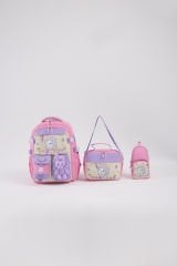 Roxbros Sevimli Kedi Desenli 3'lü Kız Çocuk Okul Çantası Seti -Kalemlik ve Termal Beslenmeli İlkokul Çantası (Pembe - Lila)