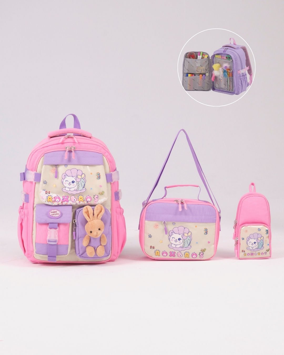 Roxbros Sevimli Kedi Desenli 3'lü Kız Çocuk Okul Çantası Seti -Kalemlik ve Termal Beslenmeli İlkokul Çantası (Pembe - Lila)