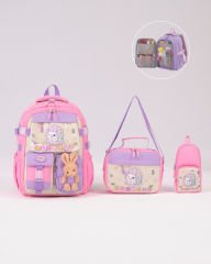 Roxbros Sevimli Kedi Desenli 3'lü Kız Çocuk Okul Çantası Seti -Kalemlik ve Termal Beslenmeli İlkokul Çantası (Pembe - Lila)
