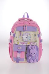 Roxbros Sevimli Kedi Desenli 3'lü Kız Çocuk Okul Çantası Seti -Kalemlik ve Termal Beslenmeli İlkokul Çantası (Pembe - Lila)