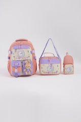 Roxbros Sevimli Kedi Desenli 3'lü Kız Çocuk Okul Çantası Seti -Kalemlik ve Termal Beslenmeli İlkokul Çantası (Pudra - Lila)