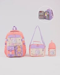 Roxbros Sevimli Kedi Desenli 3'lü Kız Çocuk Okul Çantası Seti -Kalemlik ve Termal Beslenmeli İlkokul Çantası (Pudra - Lila)