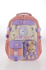 Roxbros Sevimli Kedi Desenli 3'lü Kız Çocuk Okul Çantası Seti -Kalemlik ve Termal Beslenmeli İlkokul Çantası (Pudra - Lila)