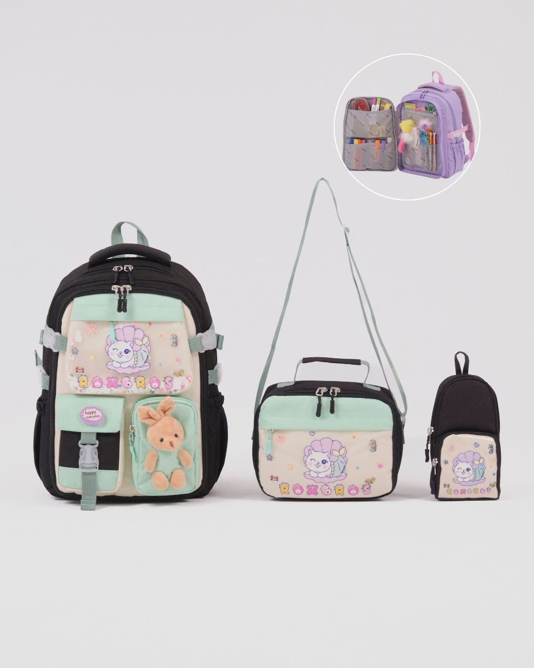 Roxbros Sevimli Kedi Desenli 3'lü Kız Çocuk Okul Çantası Seti -Kalemlik ve Termal Beslenmeli İlkokul Çantası (Siyah - Su Yeşili)