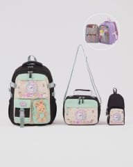 Roxbros Sevimli Kedi Desenli 3'lü Kız Çocuk Okul Çantası Seti -Kalemlik ve Termal Beslenmeli İlkokul Çantası (Siyah - Su Yeşili)