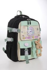 Roxbros Sevimli Kedi Desenli 3'lü Kız Çocuk Okul Çantası Seti -Kalemlik ve Termal Beslenmeli İlkokul Çantası (Siyah - Su Yeşili)