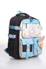 Roxbros Sevimli Kedi Desenli 3'lü Kız Çocuk Okul Çantası Seti -Kalemlik ve Termal Beslenmeli İlkokul Çantası (Siyah - Turkuaz)