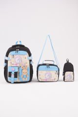 Roxbros Sevimli Kedi Desenli 3'lü Kız Çocuk Okul Çantası Seti -Kalemlik ve Termal Beslenmeli İlkokul Çantası (Siyah - Turkuaz)