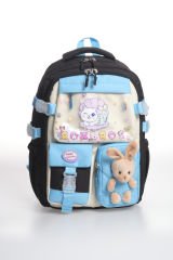 Roxbros Sevimli Kedi Desenli 3'lü Kız Çocuk Okul Çantası Seti -Kalemlik ve Termal Beslenmeli İlkokul Çantası (Siyah - Turkuaz)