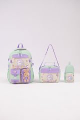 Roxbros Sevimli Kedi Desenli 3'lü Kız Çocuk Okul Çantası Seti -Kalemlik ve Termal Beslenmeli İlkokul Çantası (Su Yeşili - Lila)