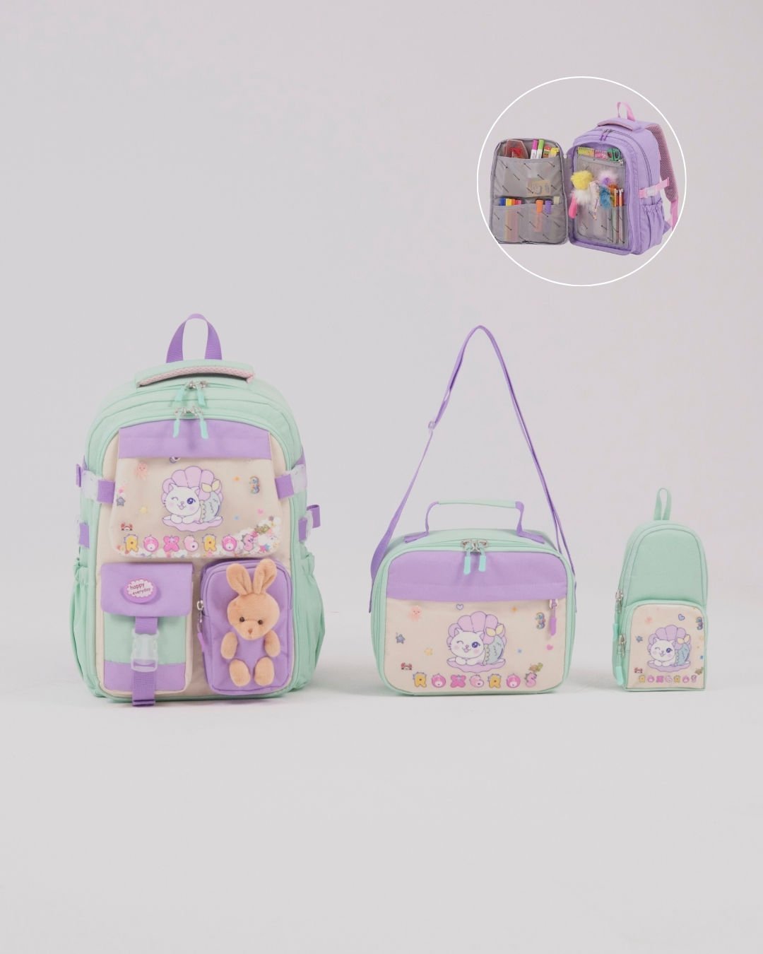 Roxbros Sevimli Kedi Desenli 3'lü Kız Çocuk Okul Çantası Seti -Kalemlik ve Termal Beslenmeli İlkokul Çantası (Su Yeşili - Lila)