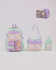 Roxbros Sevimli Kedi Desenli 3'lü Kız Çocuk Okul Çantası Seti -Kalemlik ve Termal Beslenmeli İlkokul Çantası (Su Yeşili - Lila)